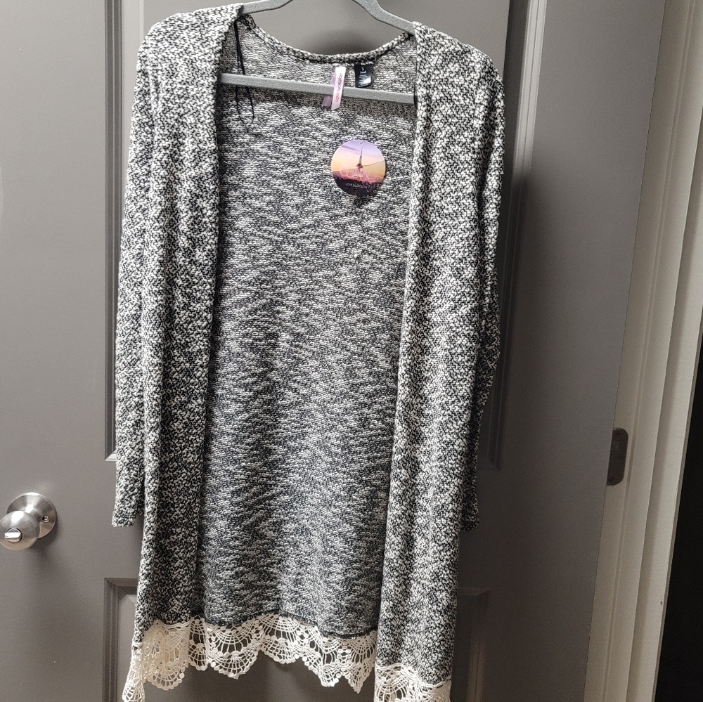 Knit Cardigan with Lace Trim